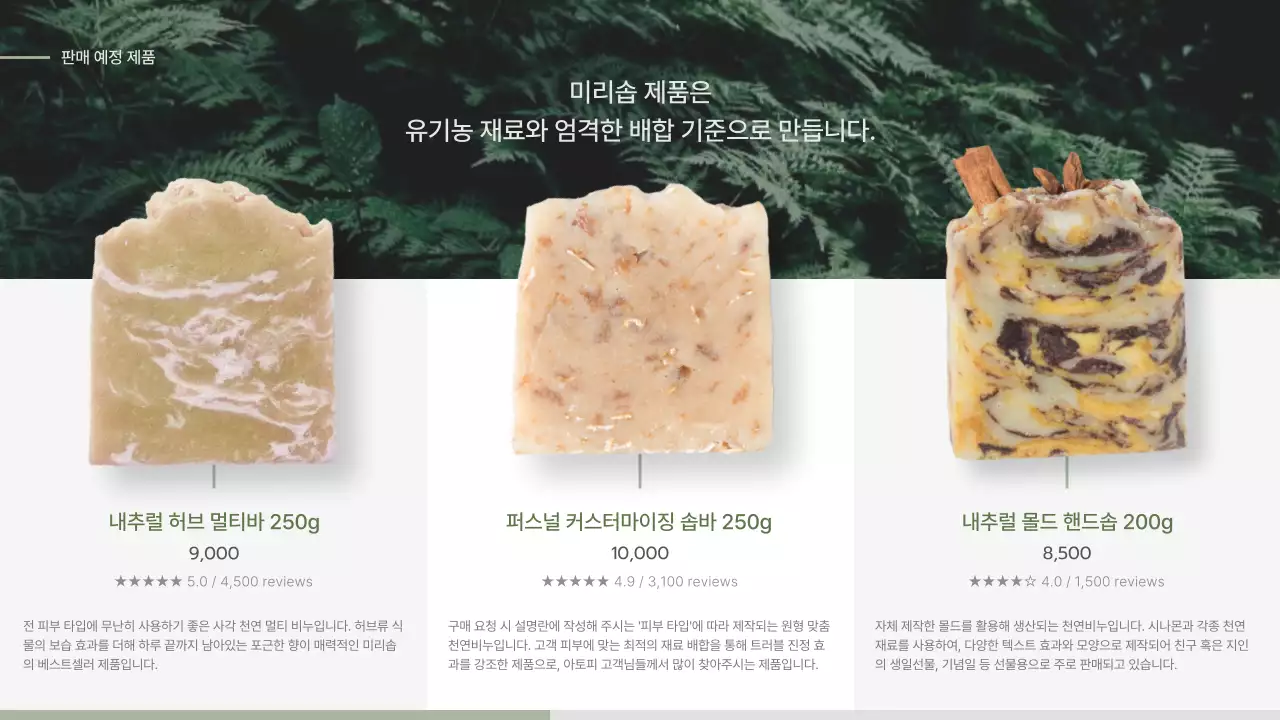 초록색과 베이지색의 자연주의 컨셉 비누 입점 제안서