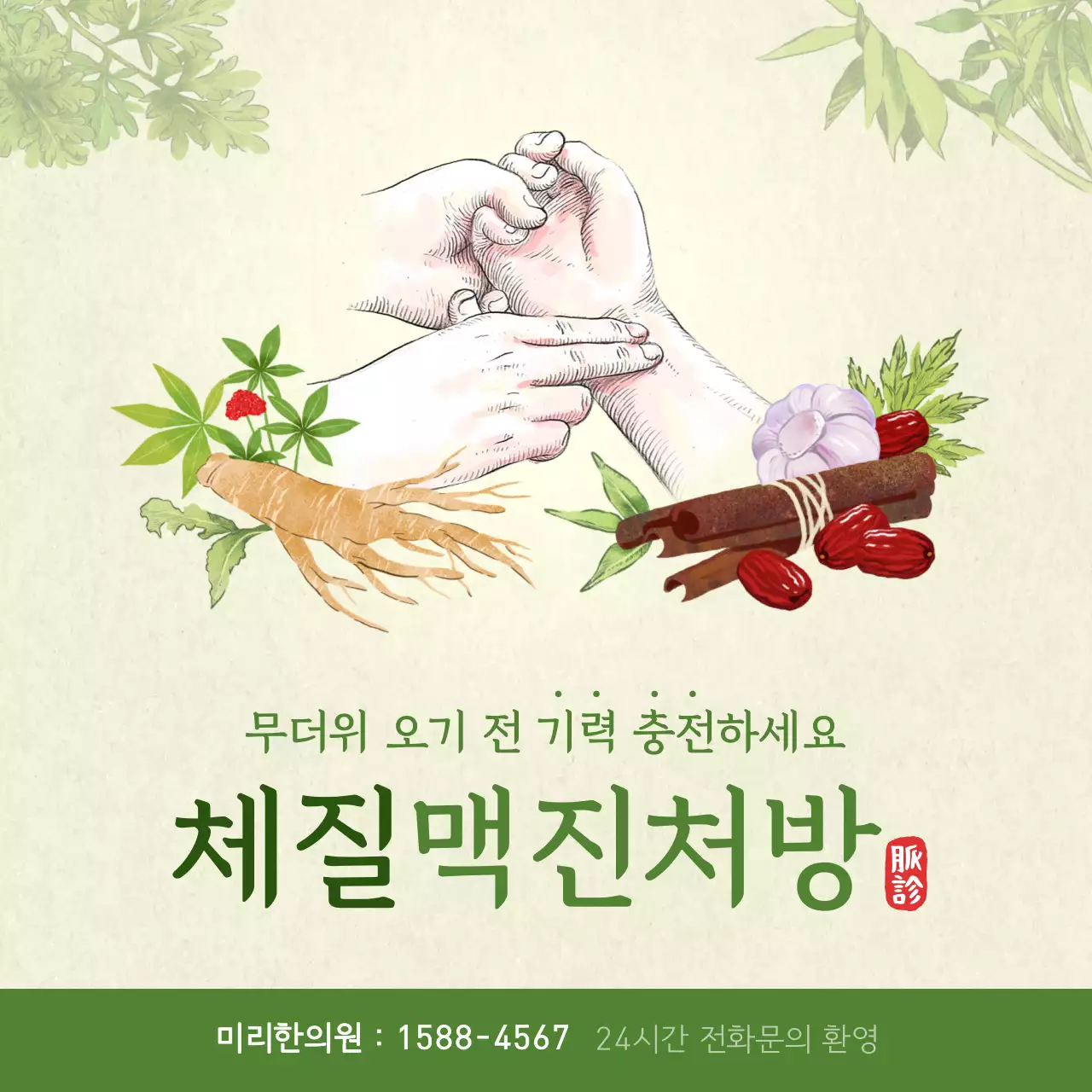 쑥색 담백한 손그림 컨셉의 한의원 홍보 테마