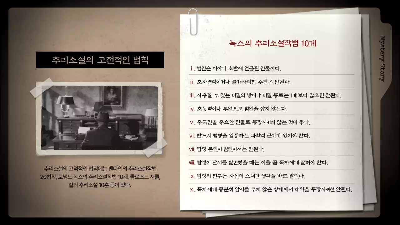 검은색배경과 갈색 서류 파일의 미스터리 추리소설 분석