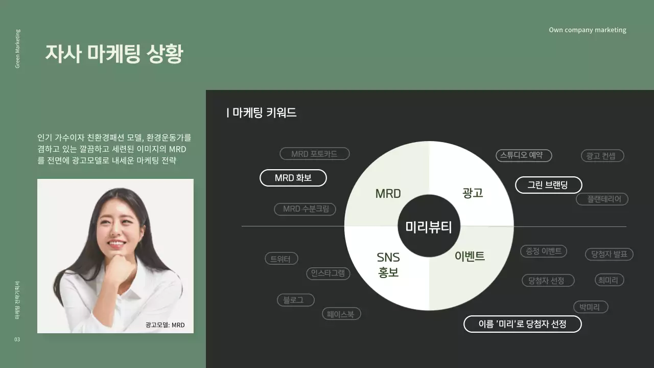 차분한 그린과 블랙톤의 친환경 그린 마케팅 화장품