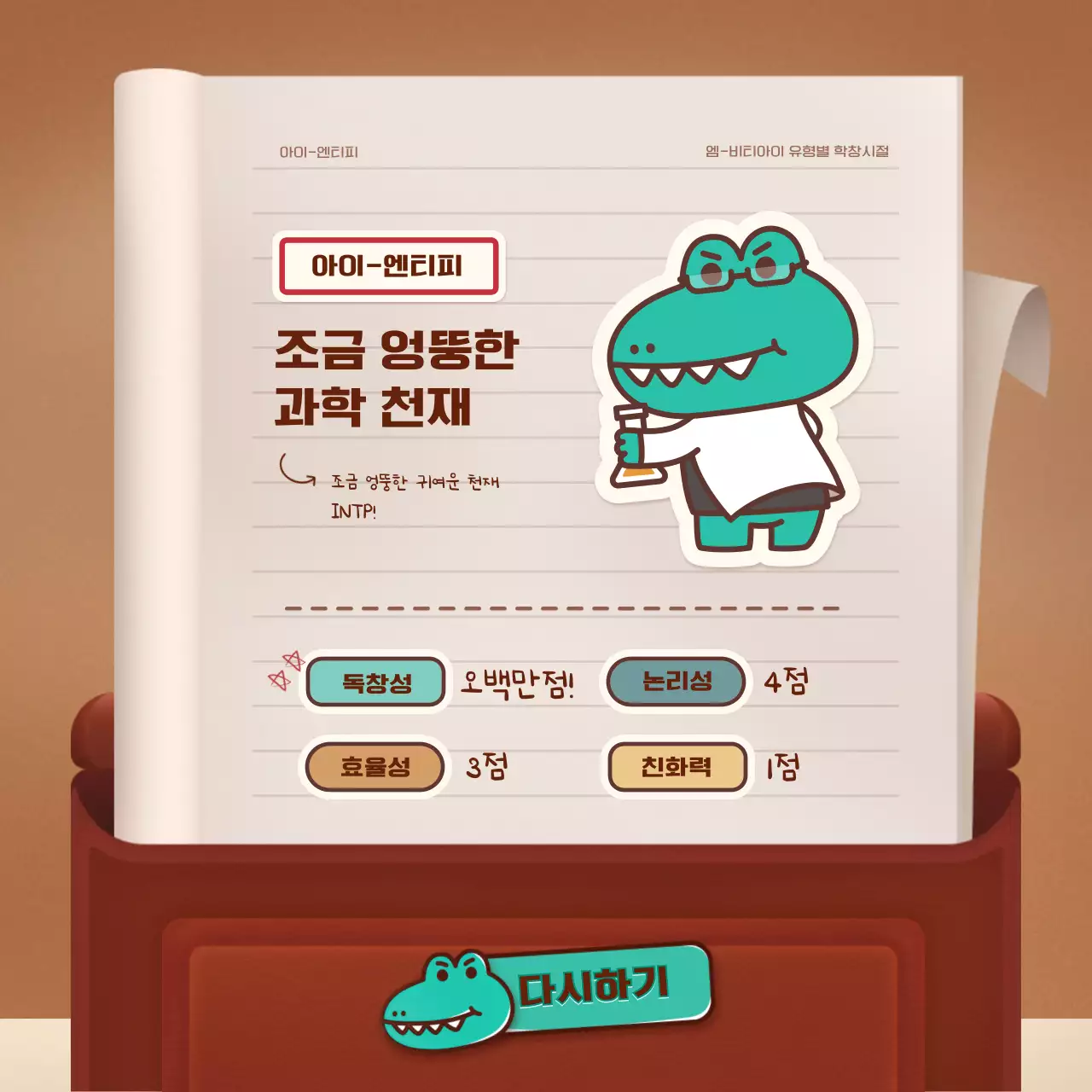 갈색과 녹색의 레트로 책가방 컨셉 엠비티아이 테스트