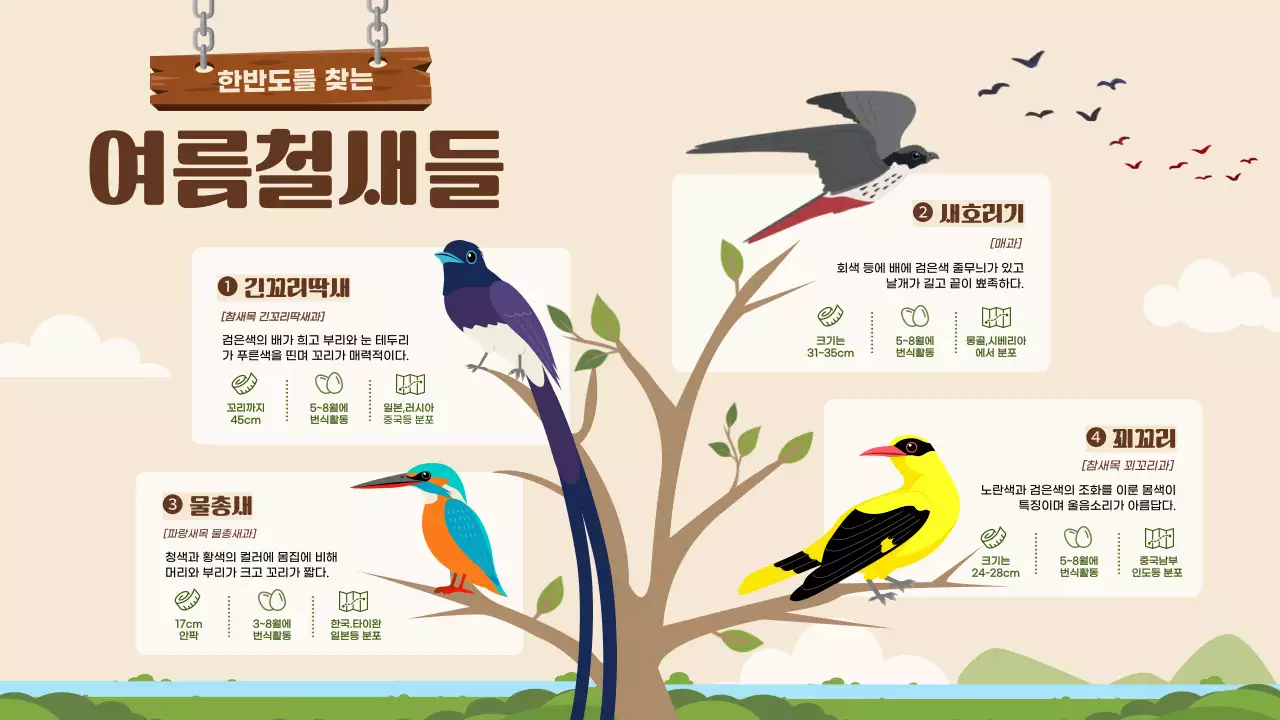 갈색의 새 일러스트 강조 여름 철새 정보