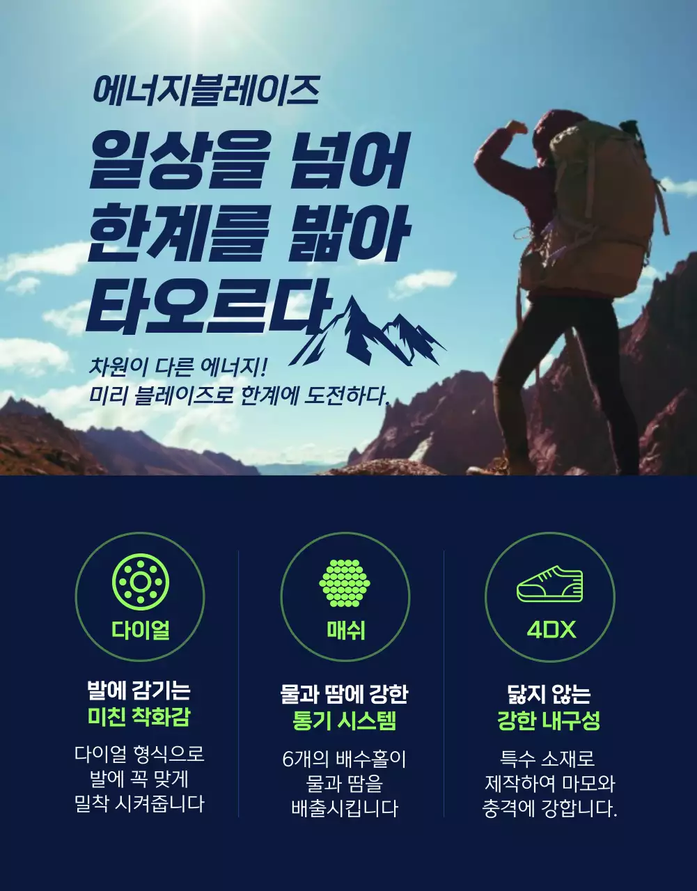 네이비와 형광색의 스포티하고 강인한 스포츠 아웃도어 운동화