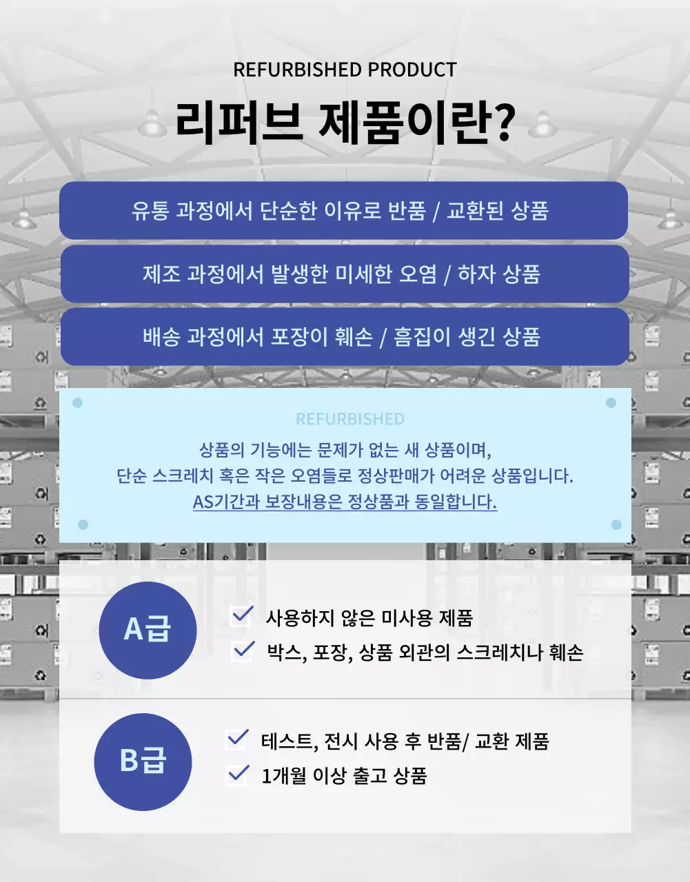 회색과 파랑색의 가전 리퍼브 상품 세일 상세페이지