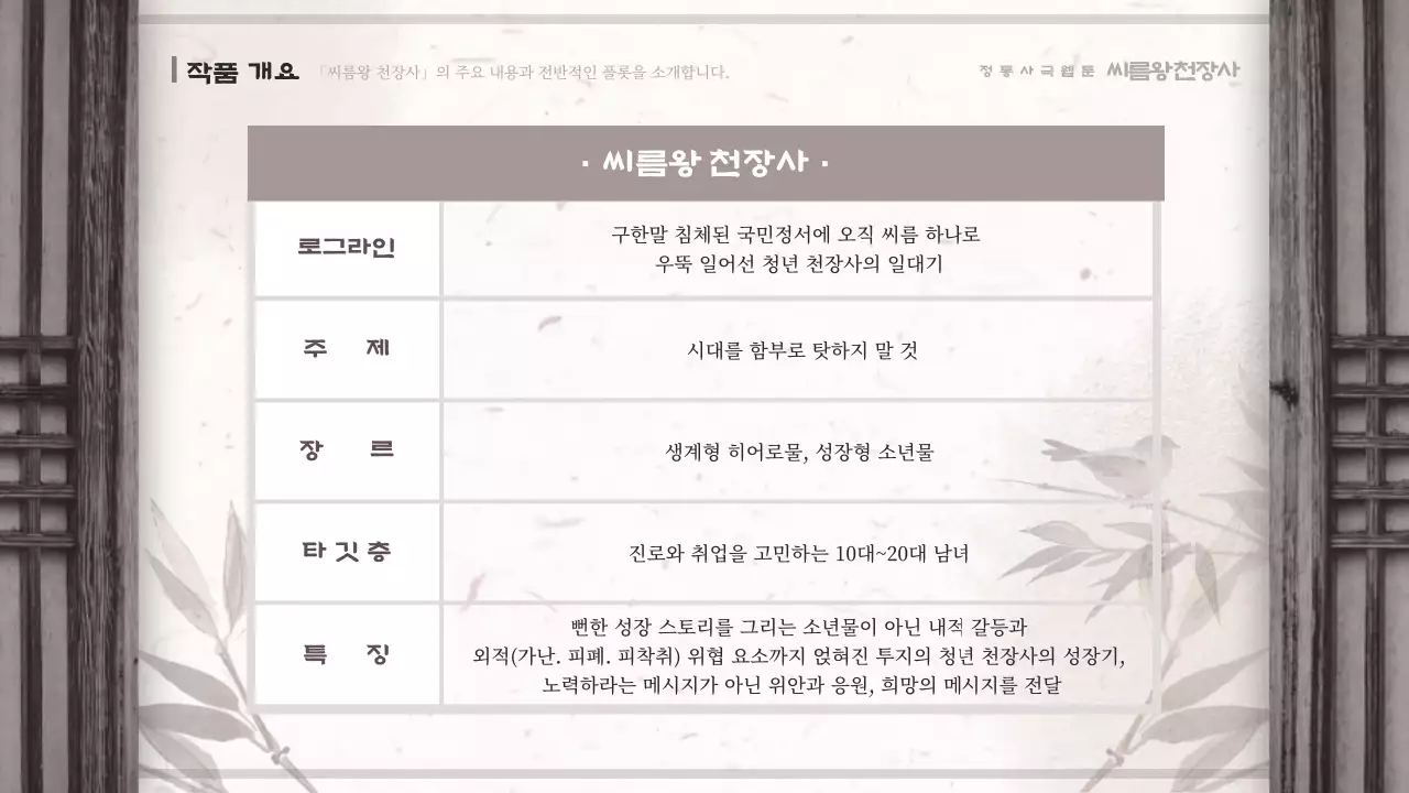 갈색과 베이지색의 동양화 컨셉 사극 씨름 웹툰 기획안