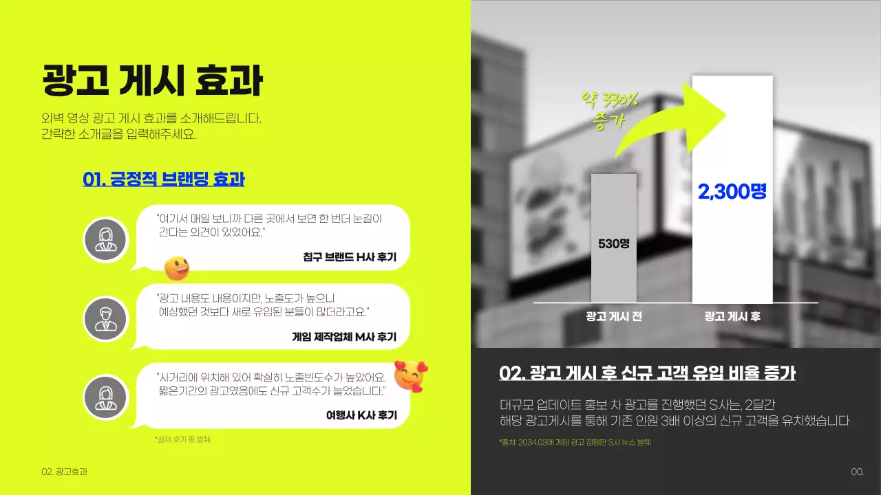 라임색과 파란색의 빌딩 옥외광고 제안서