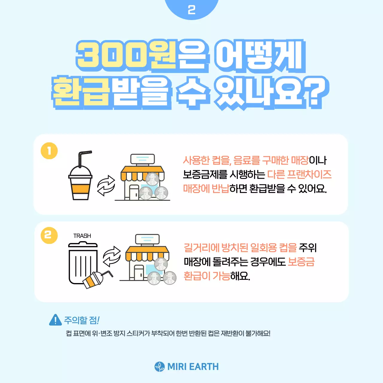 하늘색과 밝은 노란색의 심플한 일회용컵 보증금제 정보제공 카드뉴스