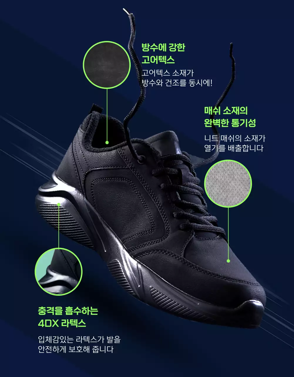 네이비와 형광색의 스포티하고 강인한 스포츠 아웃도어 운동화