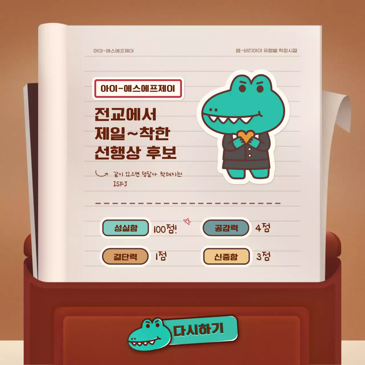 갈색과 녹색의 레트로 책가방 컨셉 엠비티아이 테스트