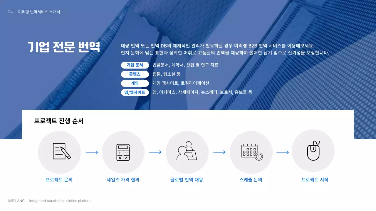 파란색 블루톤의 깔끔하고 청량한 느낌의 번역 앱 서비스 소개 