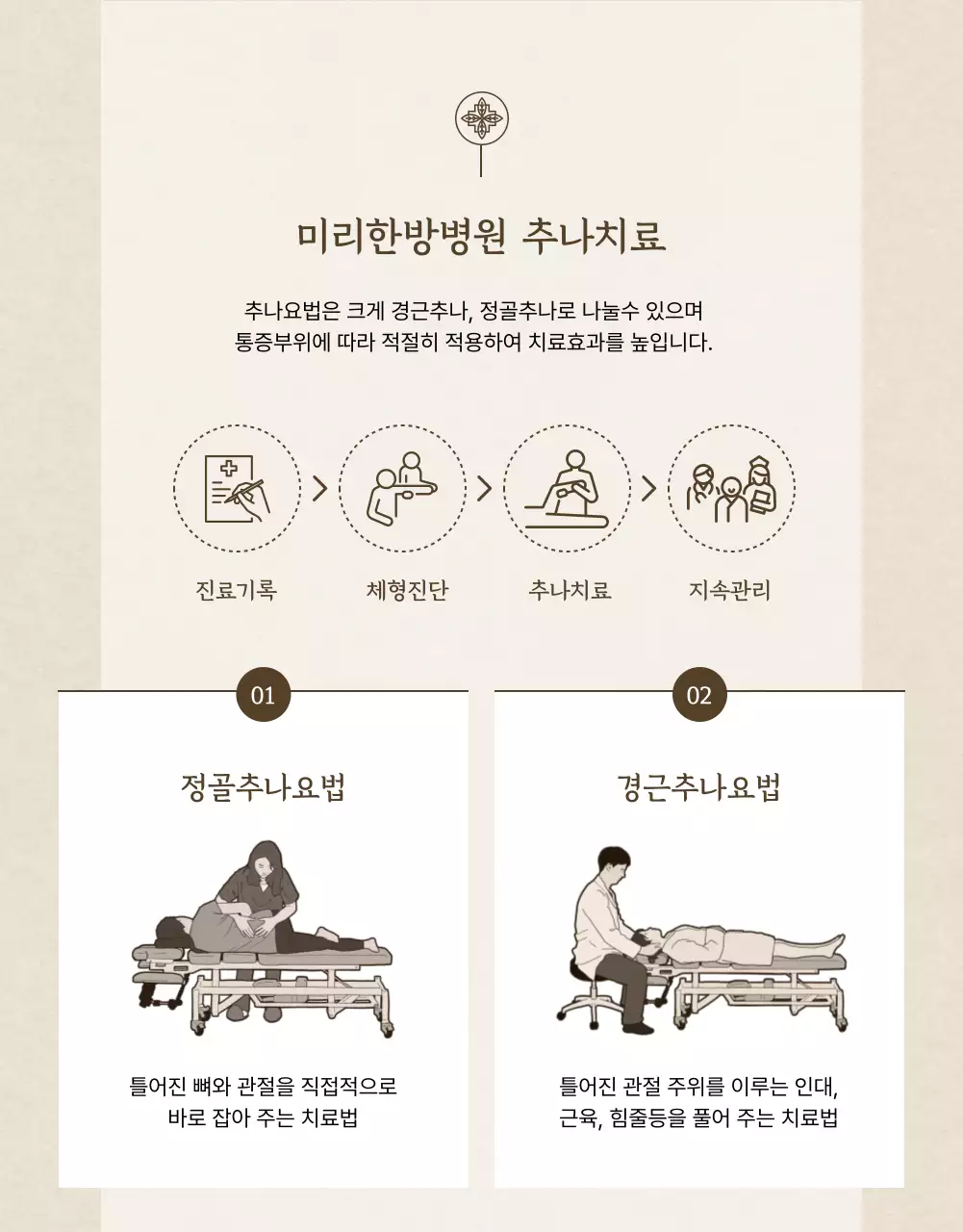 베이지색과 갈색의 한의원 추나요법 치료 안내