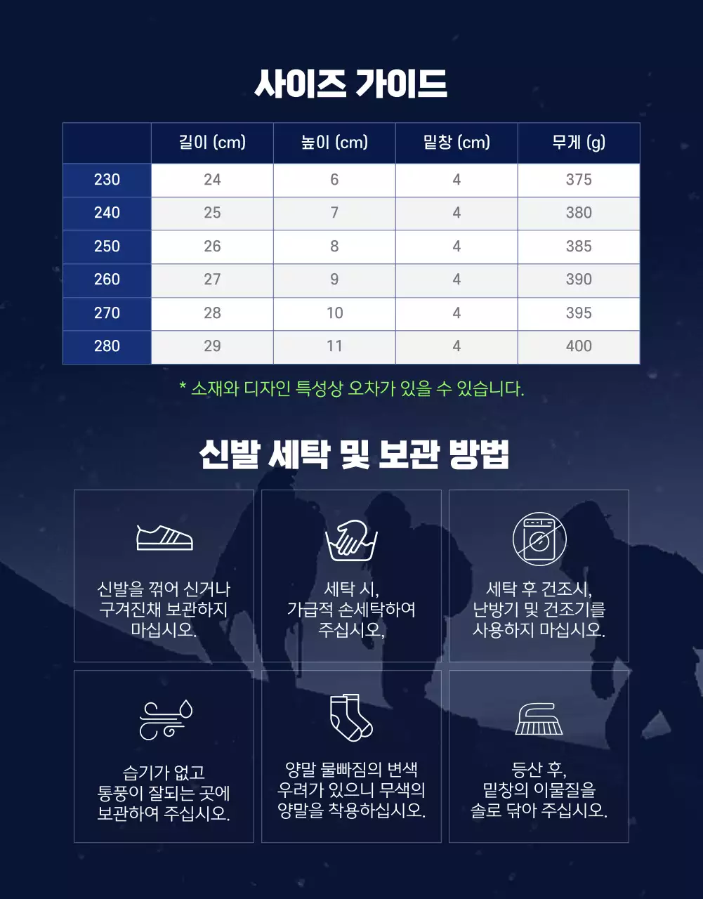 네이비와 형광색의 스포티하고 강인한 스포츠 아웃도어 운동화