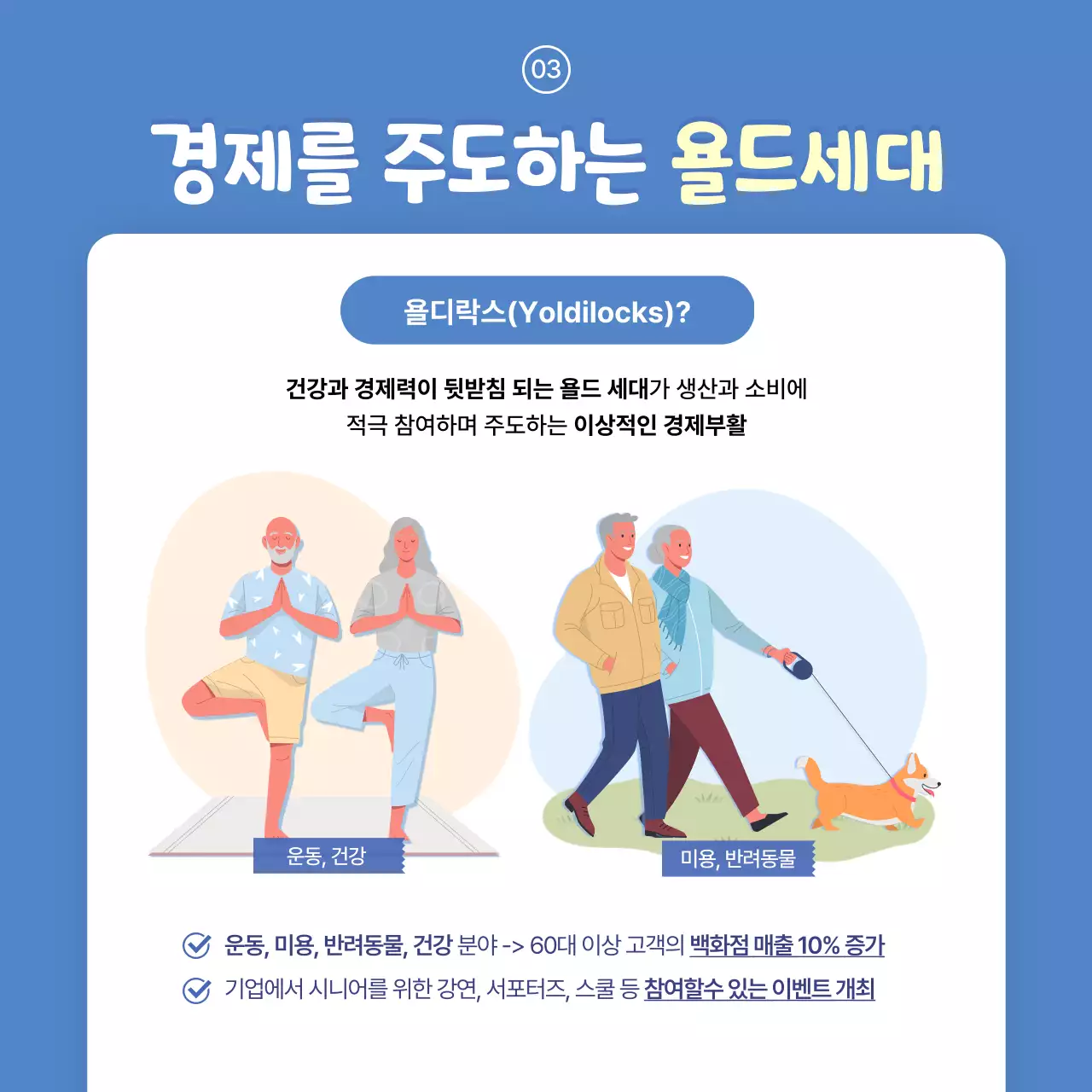 파란색과 하늘색의 깔끔한 일러스트 배경의 욜드세대 정보전달 카드뉴스
