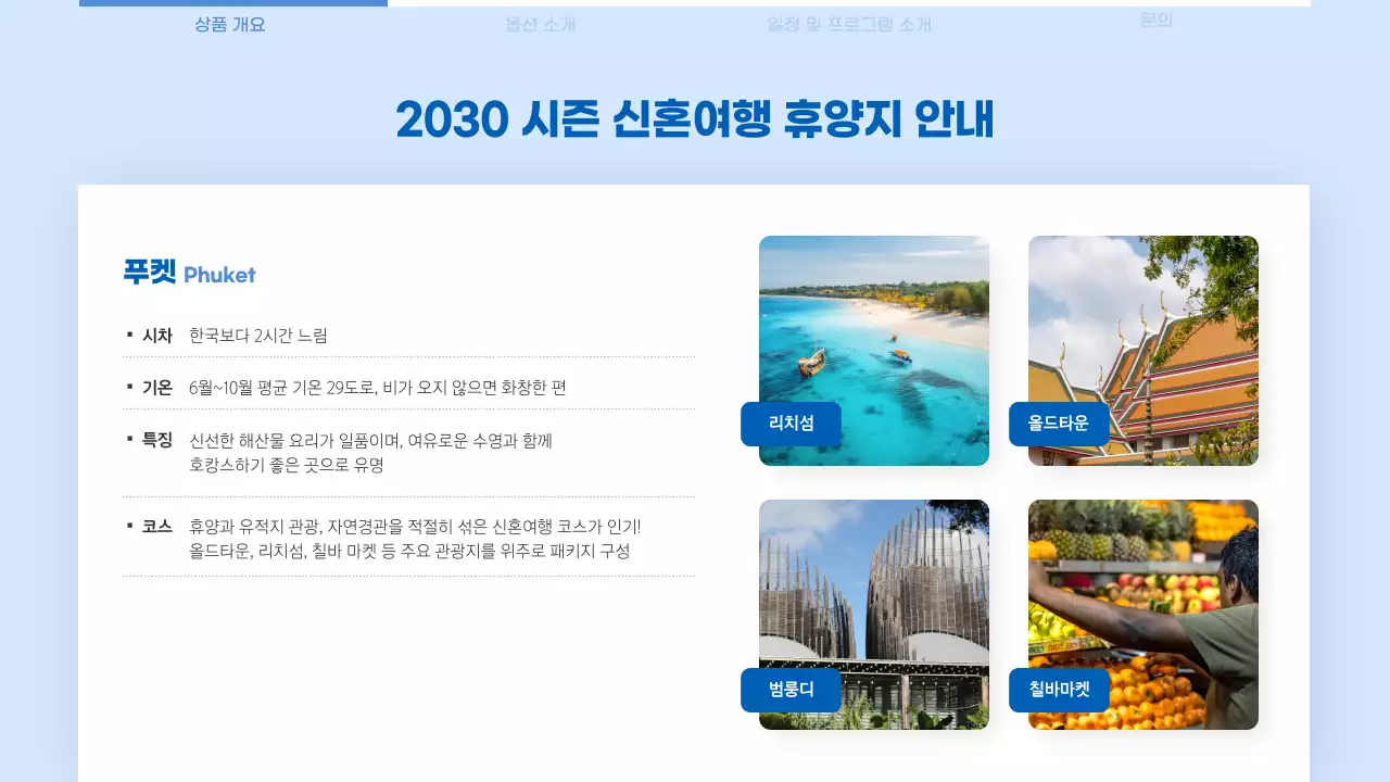 블루톤의 깔끔한 여행사 신혼여행 상품 제안서