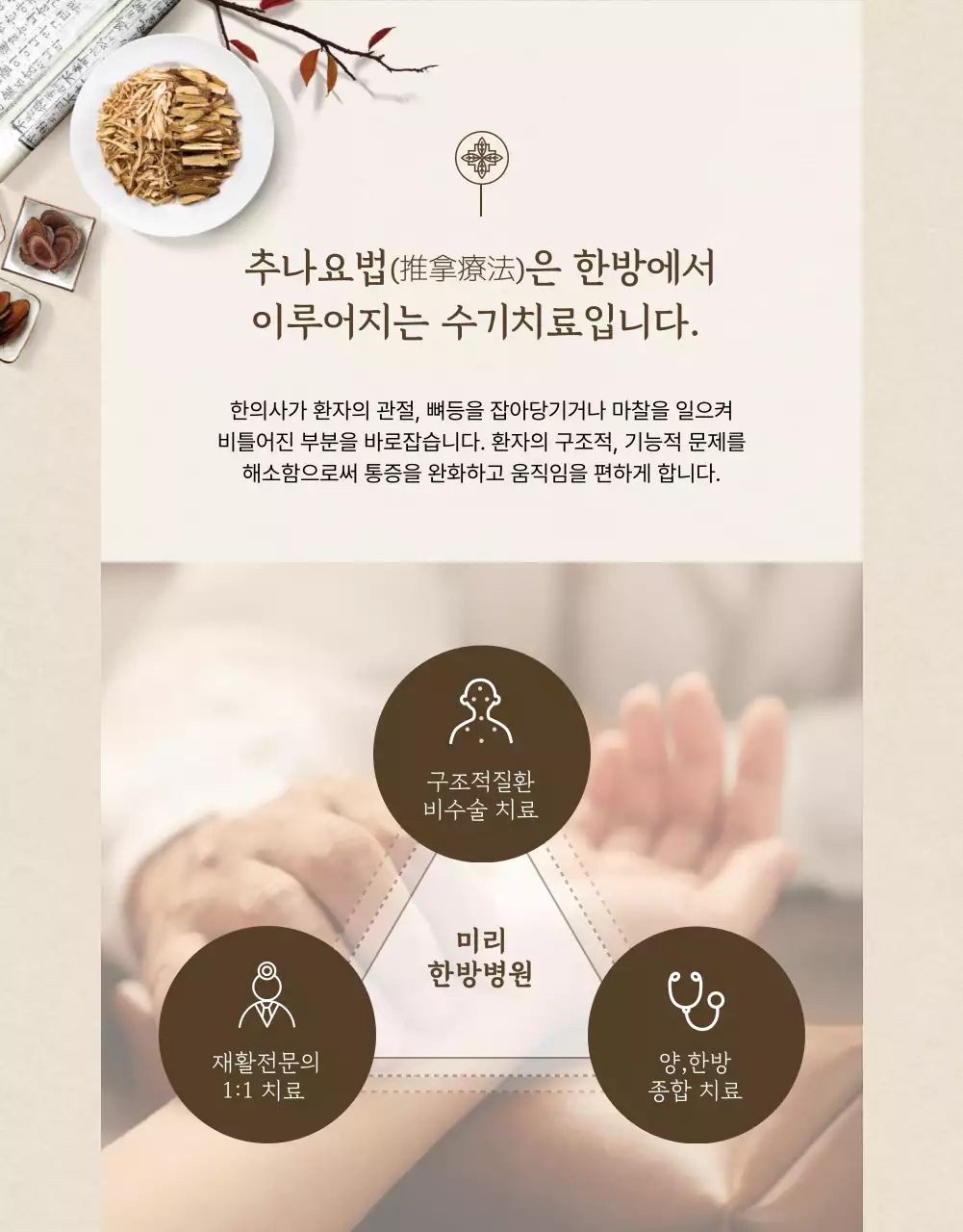 베이지색과 갈색의 한의원 추나요법 치료 안내