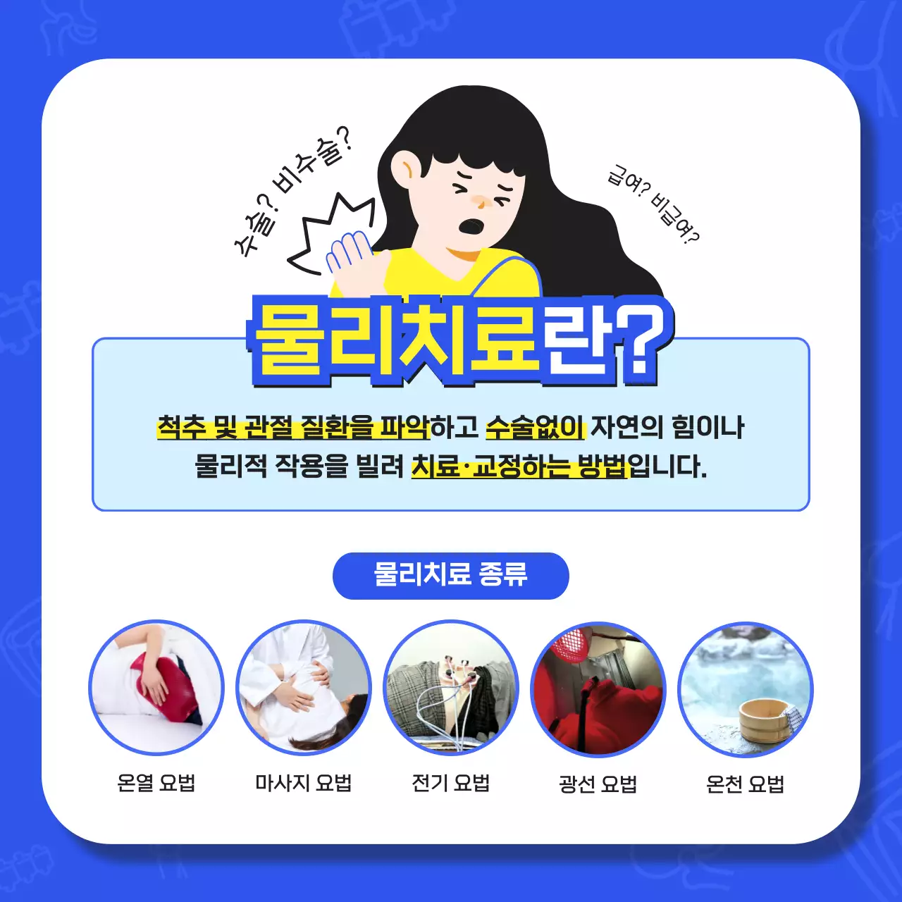 파란색과 노란색의 전문적이고 실용적인 통증 의학과 물리치료 지식과 병원 야간 진료 시간 안내