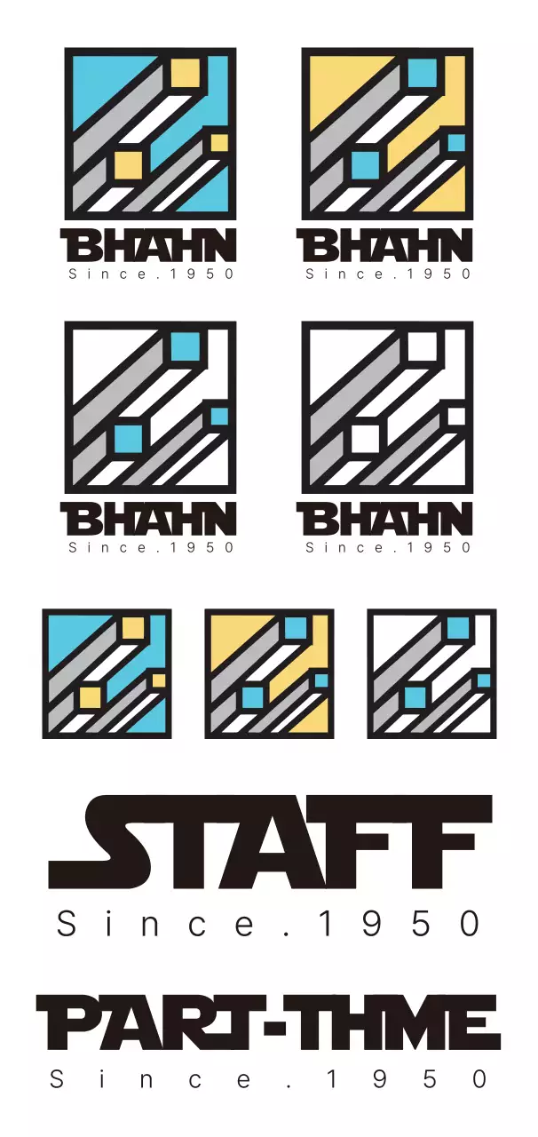 하늘색과 노란색 검정색의 심플한 브랜드 로고형 