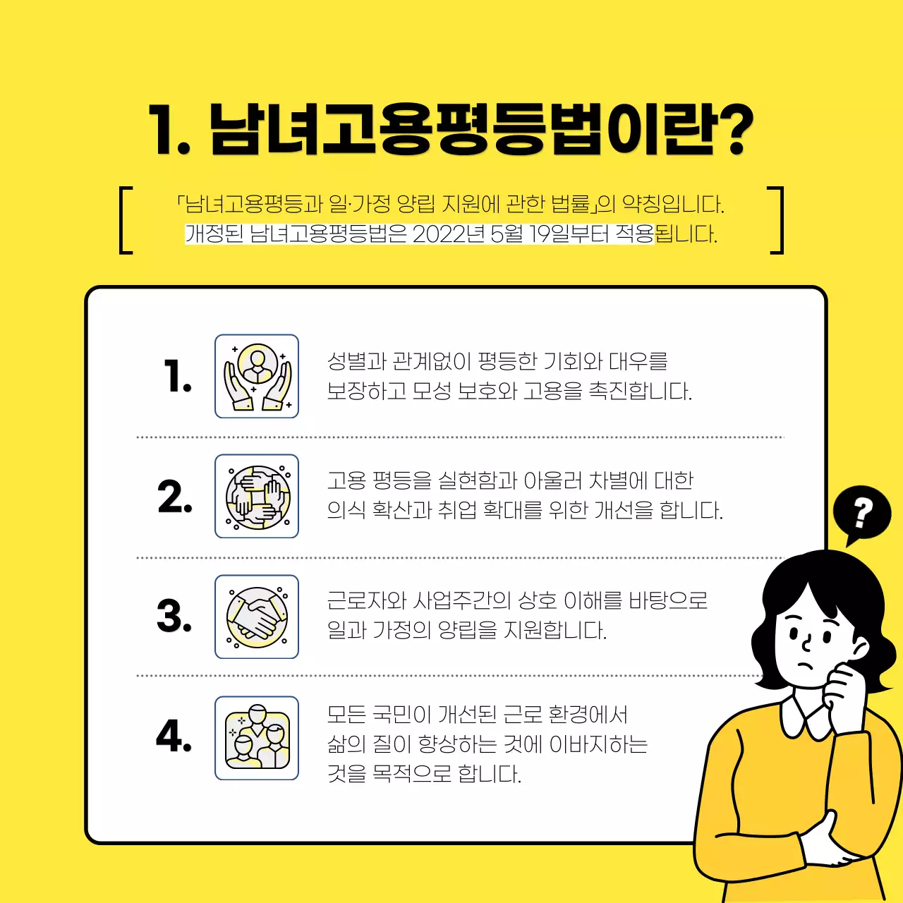 노란색의 일러스트 컨셉 노동법 개정 남녀고용평등법 안내