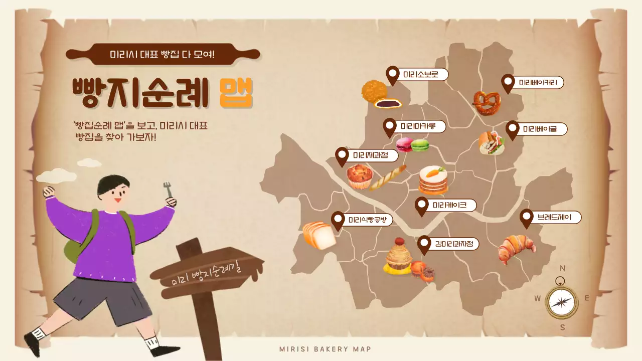 갈색 종이질감의 빵지순례 지도 맵