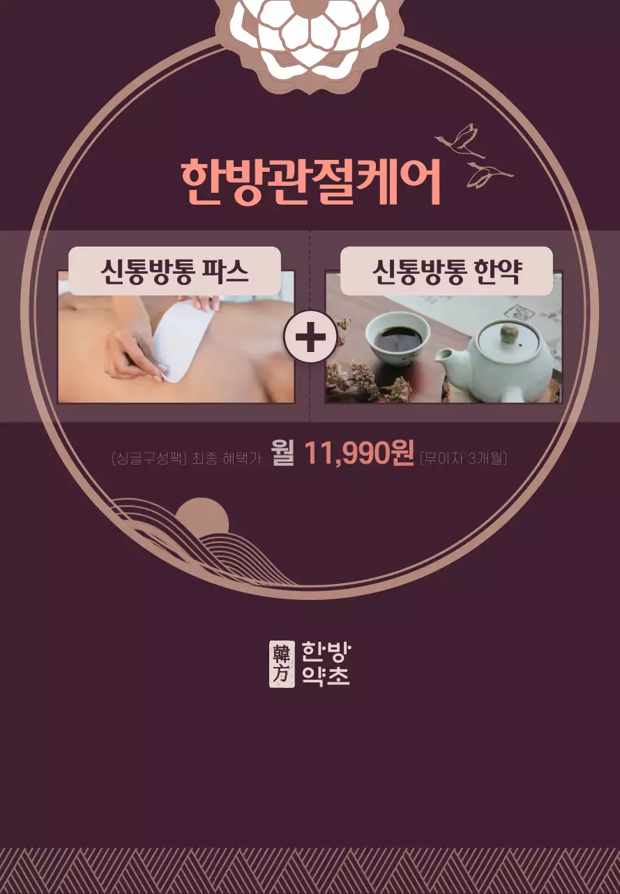 어두운 보라색과 하얀색의 전통적인 프레임 컨셉 한방 상품 안내 