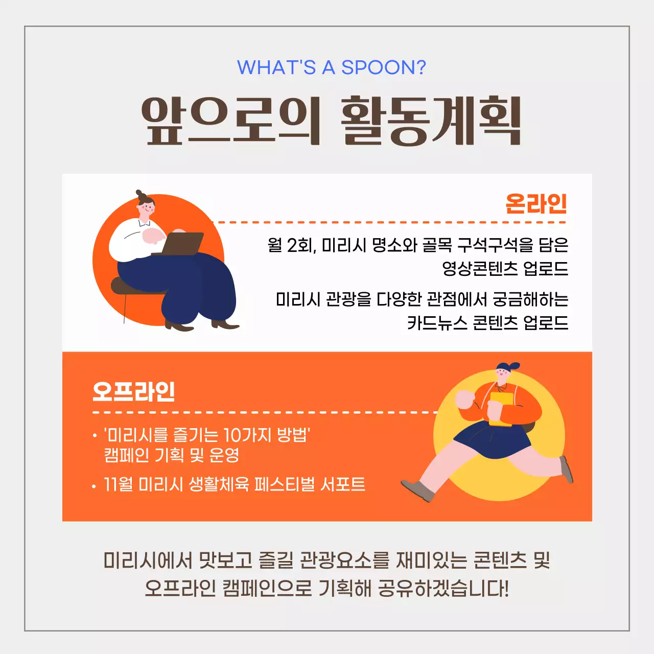 주황색과 파랑의 미니멀한 여행 서포터즈 소개서