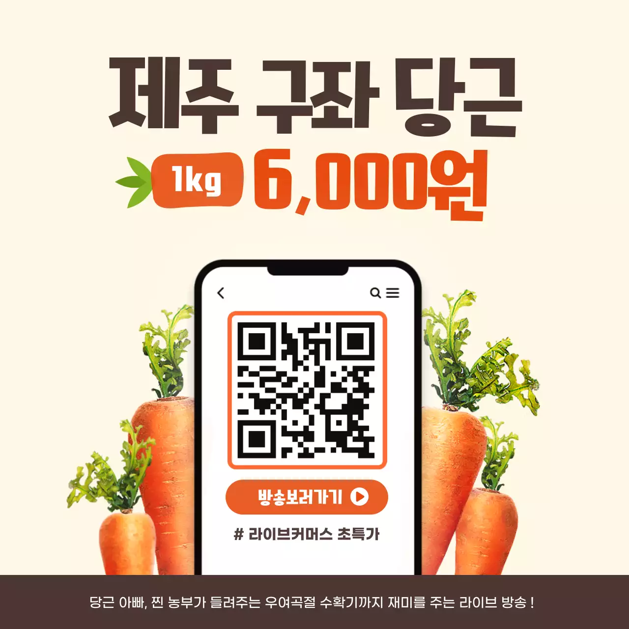 주황색과 갈색의 심플한 제주 당근 라이브커머스 초특가 방송 홍보