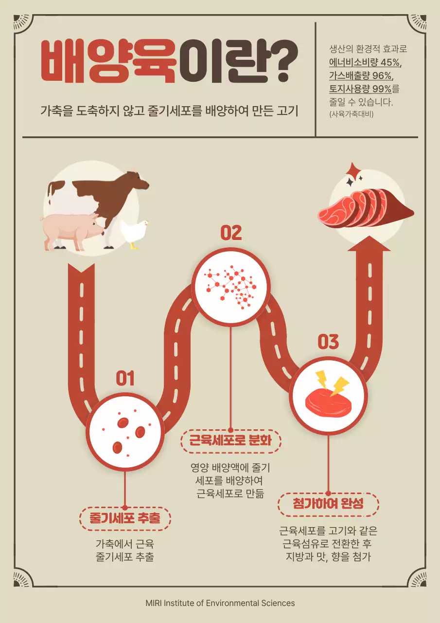 베이지색과 붉은색의 배양육 생산과정 로드맵
