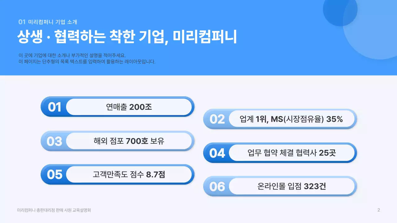 파란색의 입체적인 도형의 판매 사원 교육 설명회