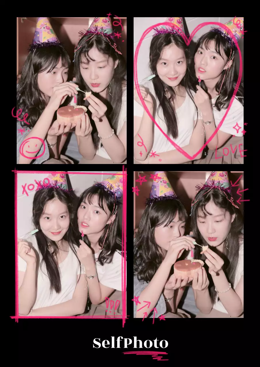 검은색과 핑크색의 하이틴 낙서 컨셉의 네컷사진 프레임