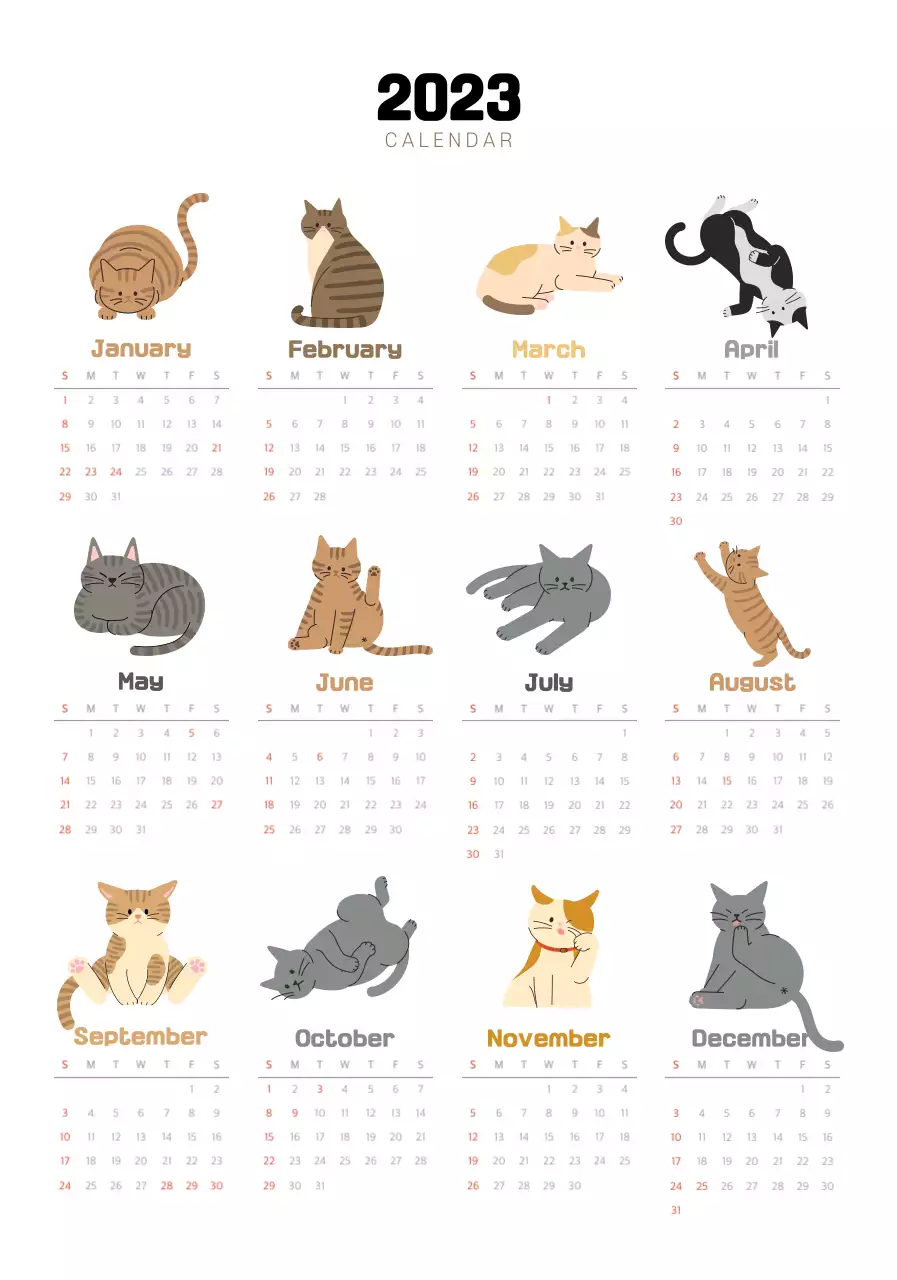 귀여운 글씨체와 고양이 일러스트 달력 
