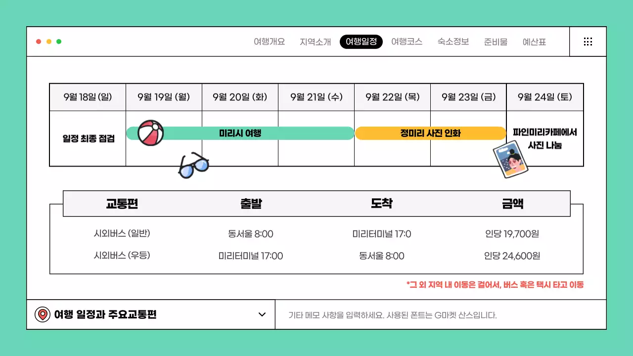 민트색과 노라색의 정돈된 레이아웃과 일러스트를 사용한 계획서 여행 발표 테마