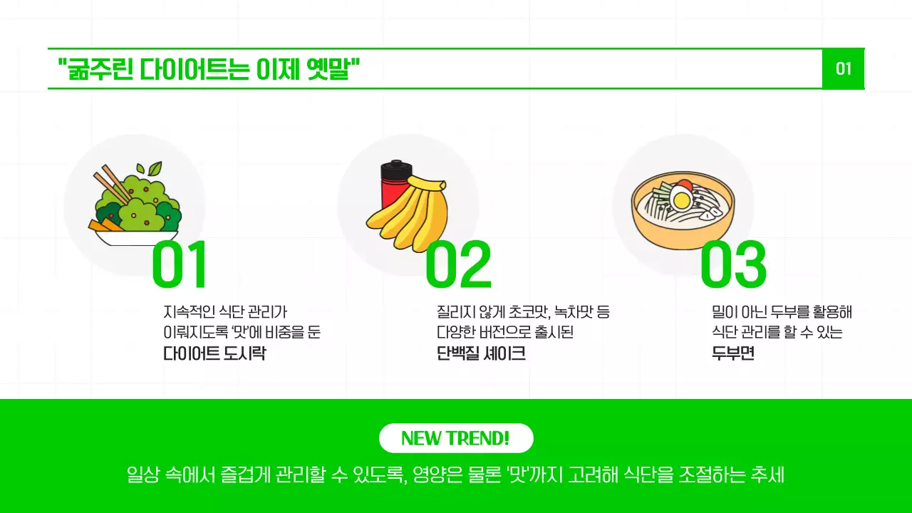 연두색과 녹색의 최근 트렌드인 '헬시플레저’와 건강 식단을 소개하는 모던한 템플릿