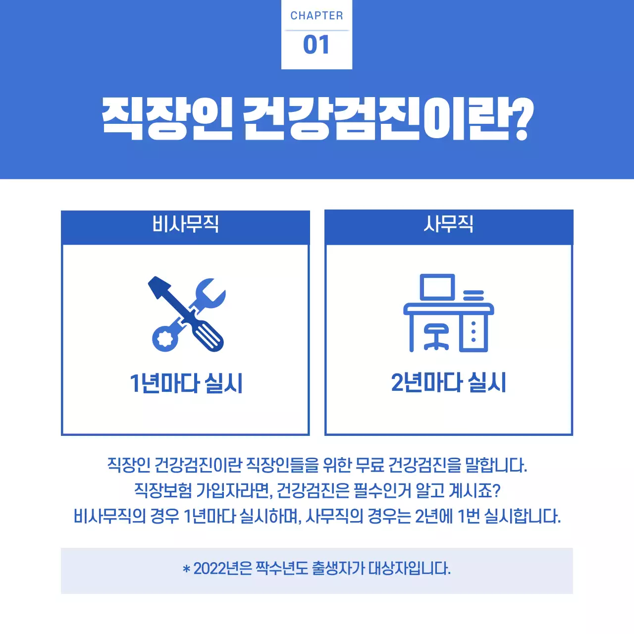 파란색과 하얀색의 직장인 건강검진 사전 안내 가이드 카드뉴스 디자인