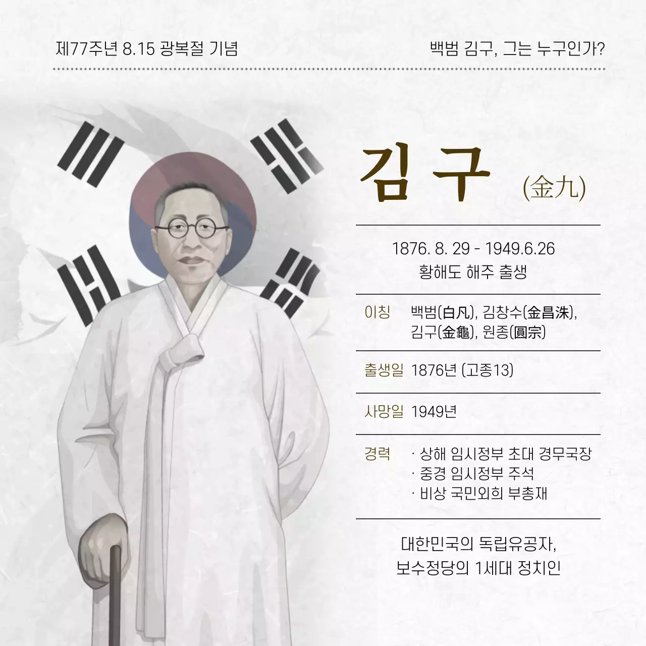 조국을 위해 희생한 독립운동가 백범 김구 광복절 민족영웅 독립 희생 애국자