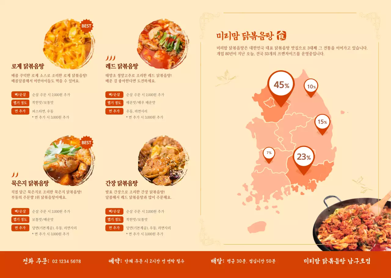 닭볶음탕 조리법이 있는 빨간색 계열의 밀키트 리플렛