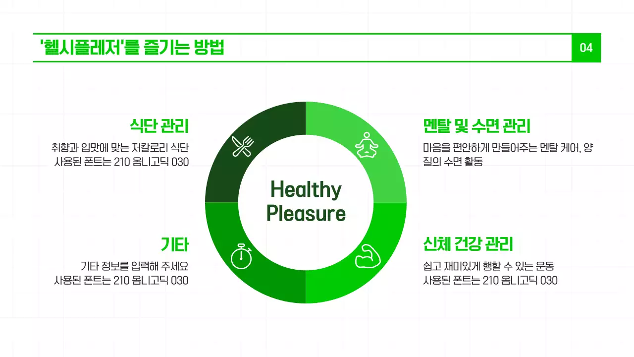 연두색과 녹색의 최근 트렌드인 '헬시플레저’와 건강 식단을 소개하는 모던한 템플릿
