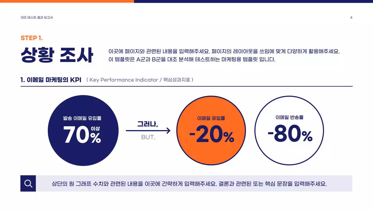 남색 주황색의 심플한 회사 마케팅 보고서