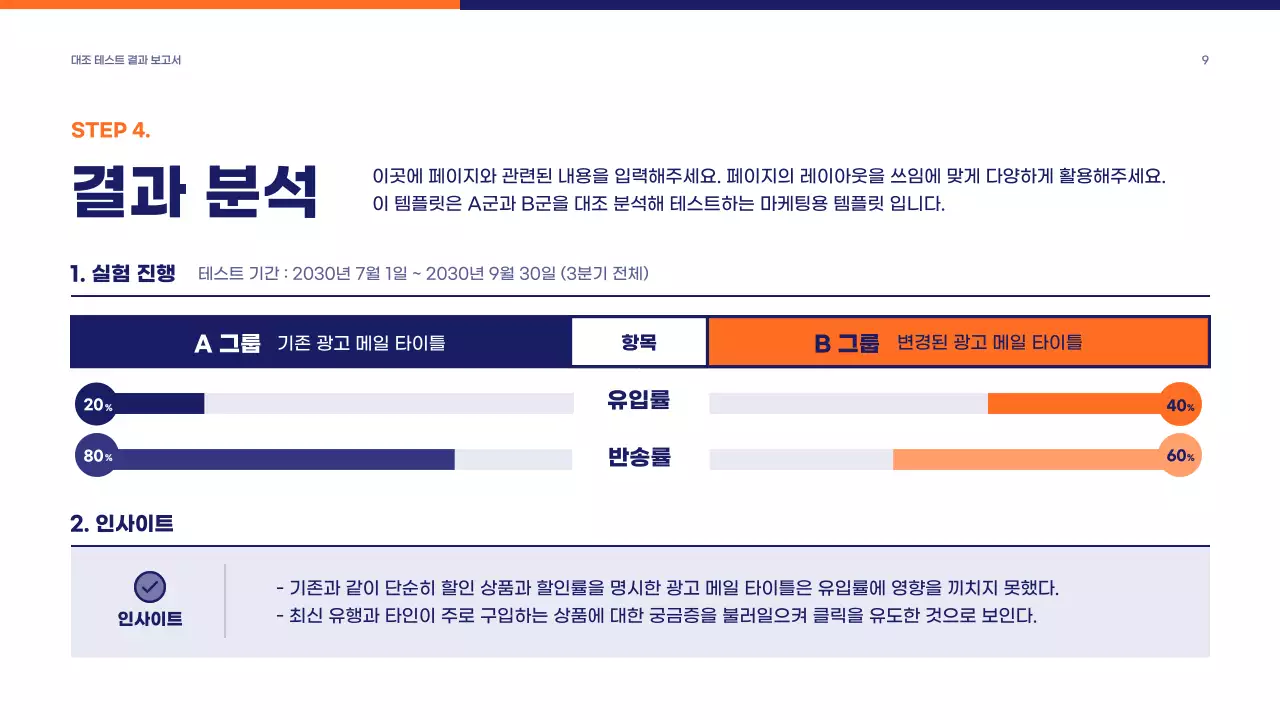 남색 주황색의 심플한 회사 마케팅 보고서