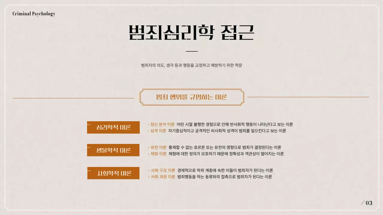 검은색과 베이지색의 범죄 심리학 프로파일링 발표