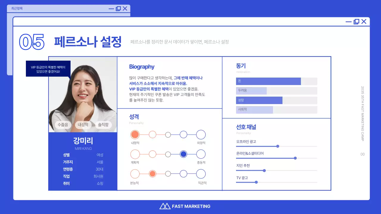 파란색과 흰색의 깔끔한 페르소나 인터뷰