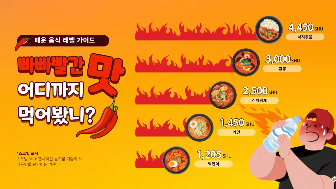 노란색 빨간색 일러스트와 그래프 조합의 매운맛 레벨 테마
