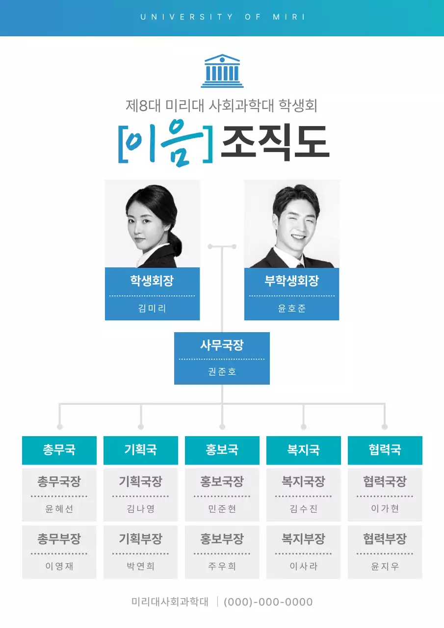 파란색과 흰색의 깔끔한 학생회 조직도