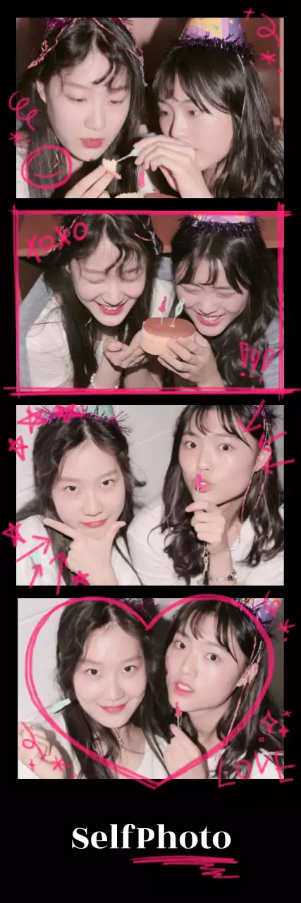 검은색과 핑크색의 하이틴 낙서 컨셉의 네컷사진 프레임