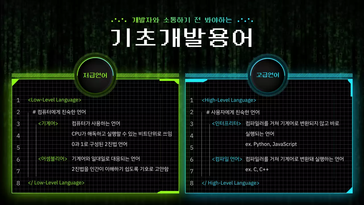 녹색과 파란색 네온 느낌의 기초 개발 용어