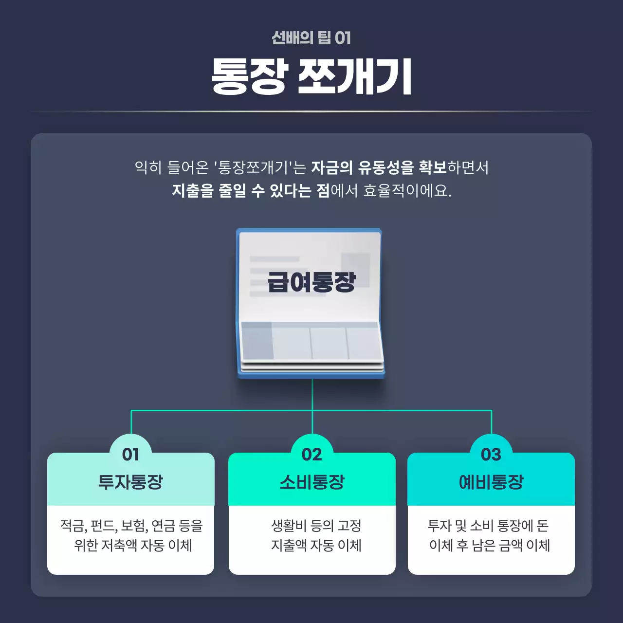 남색과 민트색의 기본적인 사회초년생 금융교육 특강 안내서