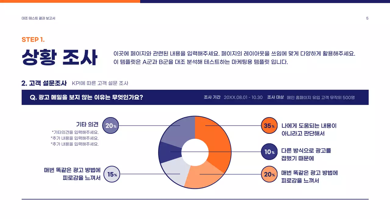 남색 주황색의 심플한 회사 마케팅 보고서