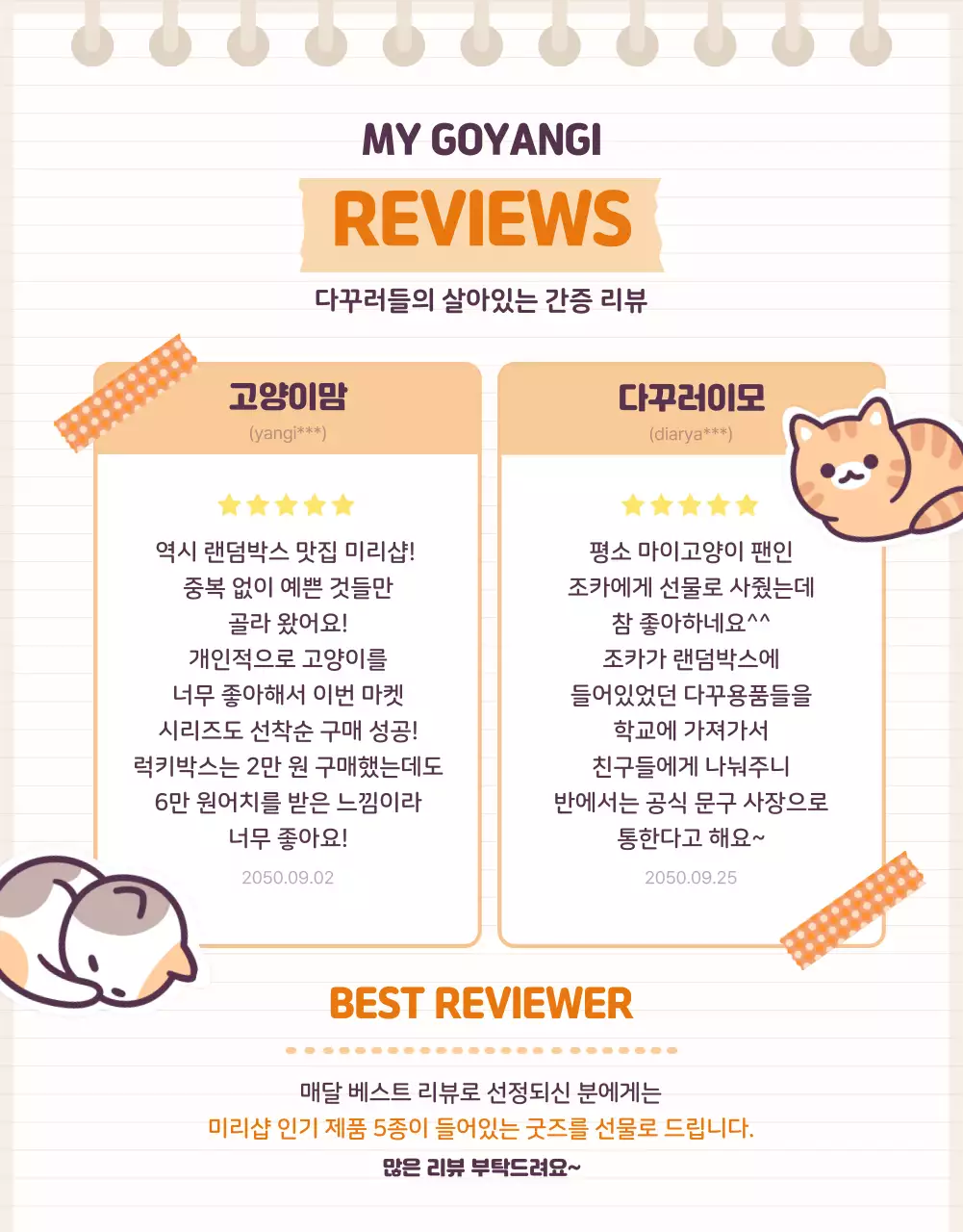 주황색과 베이지색의 아기자기한 고양이 다꾸 문구용품 랜덤박스 소개