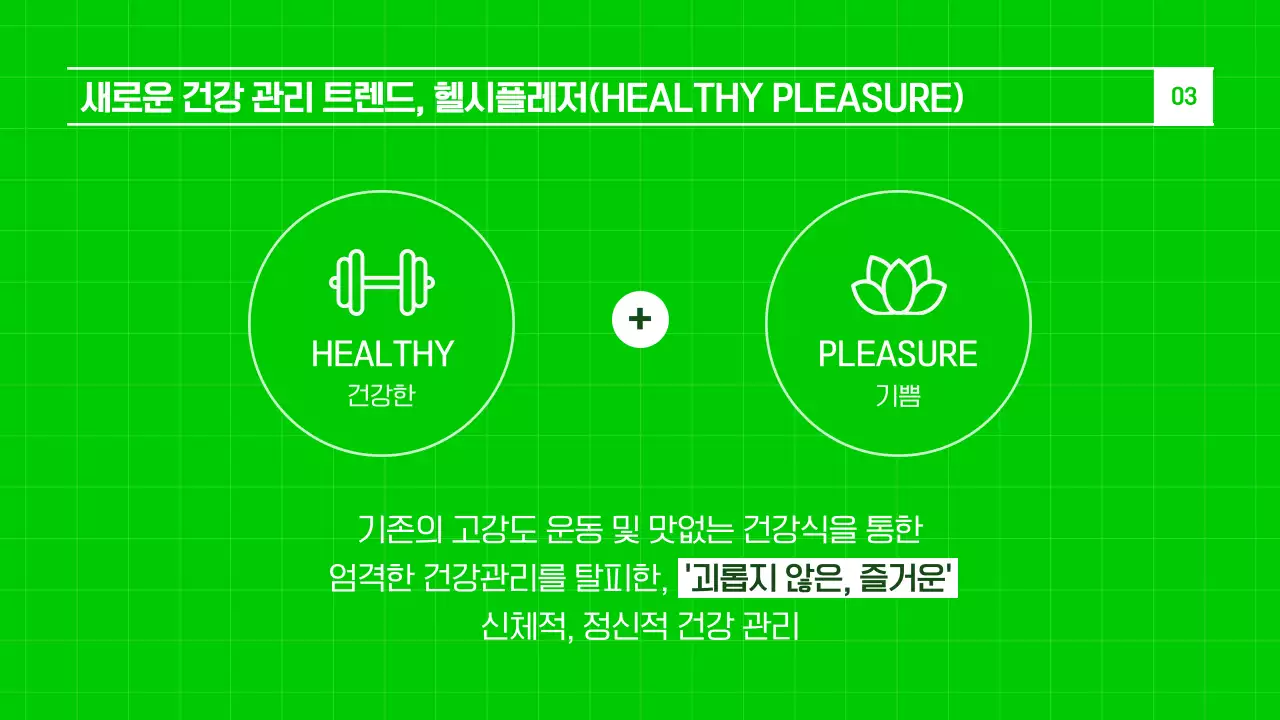 연두색과 녹색의 최근 트렌드인 '헬시플레저’와 건강 식단을 소개하는 모던한 템플릿