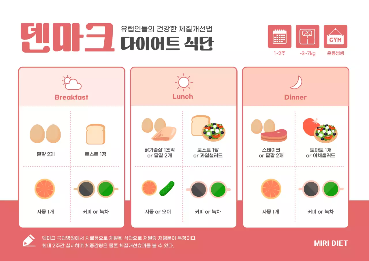 분홍색의 일러스트 강조 덴마크 다이어트 식단표