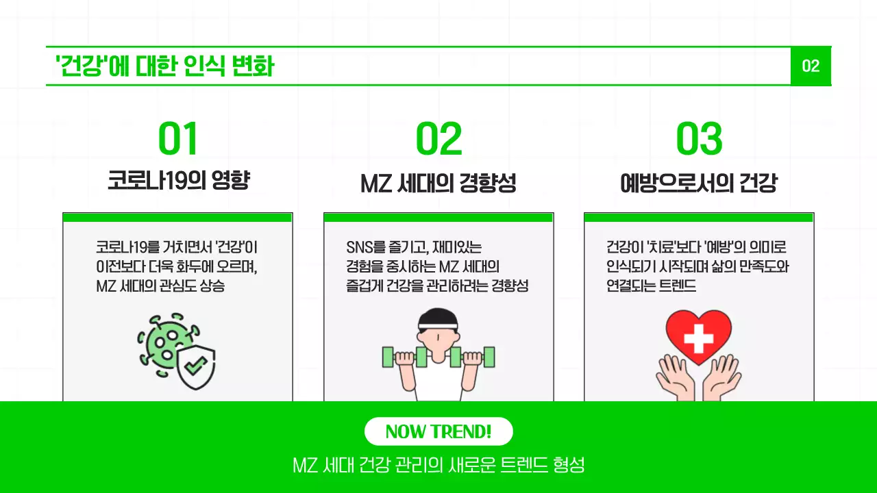 연두색과 녹색의 최근 트렌드인 '헬시플레저’와 건강 식단을 소개하는 모던한 템플릿